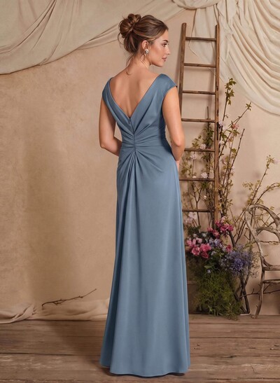 Sheath/Column Scoop Neck Sleeveless Floor-Length Crepe Satin Mother Of The Bride Dress With Front Slit, Cascading Ruffles And Pleating