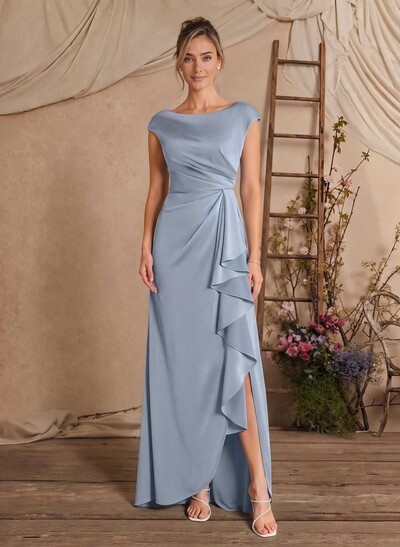 Sheath/Column Scoop Neck Sleeveless Floor-Length Crepe Satin Mother Of The Bride Dresses With Split Front/Cascading Ruffles/Pleated