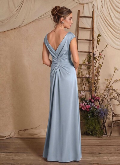 Sheath/Column Scoop Neck Sleeveless Floor-Length Crepe Satin Mother Of The Bride Dresses With Split Front/Cascading Ruffles/Pleated