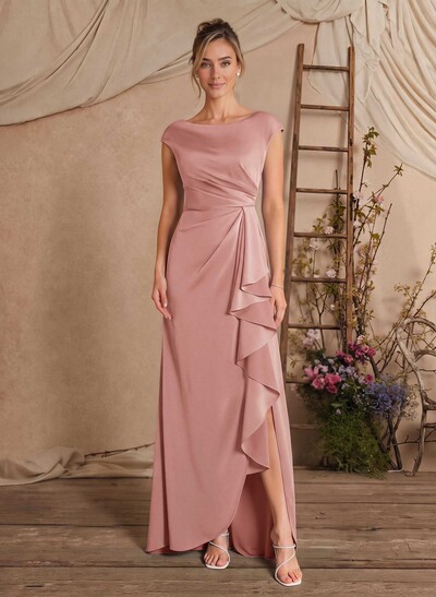 Sheath/Column Scoop Neck Sleeveless Floor-Length Crepe Satin Mother Of The Bride Dress With Front Split, Cascading Ruffles And Pleats