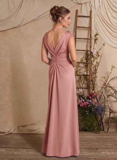 Sheath/Column Scoop Neck Sleeveless Floor-Length Crepe Satin Mother Of The Bride Dress With Front Split, Cascading Ruffles And Pleats