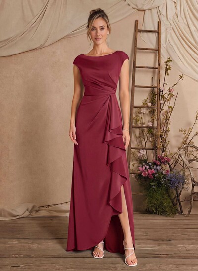 Sheath/Column Scoop Neck Sleeveless Floor-Length Crepe Satin Mother Of The Bride Dresses With Split Front/Cascading Ruffles/Pleated
