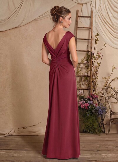 Sheath/Column Scoop Neck Sleeveless Floor-Length Crepe Satin Mother Of The Bride Dresses With Split Front/Cascading Ruffles/Pleated
