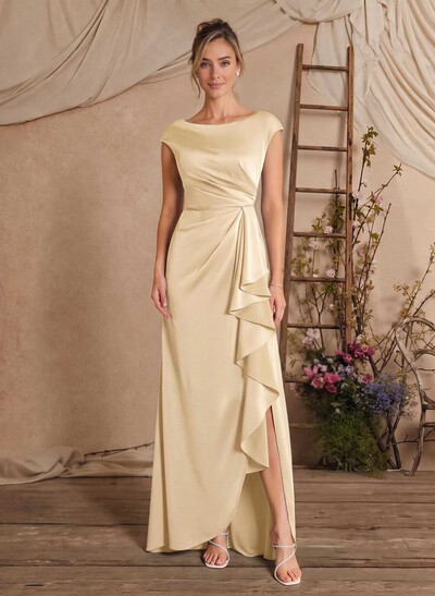 Sheath/Column Scoop Neck Sleeveless Floor-Length Crepe Satin Mother Of The Bride Dresses With Split Front/Cascading Ruffles/Pleated