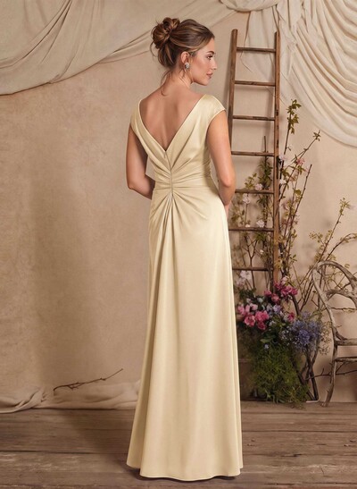 Sheath/Column Scoop Neck Sleeveless Floor-Length Crepe Satin Mother Of The Bride Dresses With Split Front/Cascading Ruffles/Pleated
