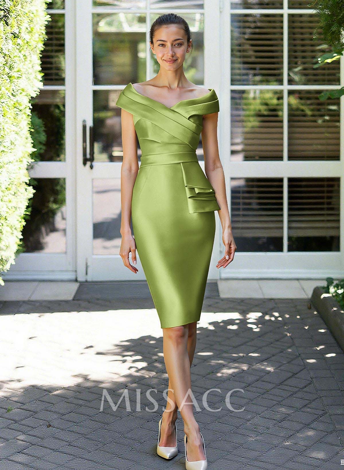 Sheath/Column Off-The-Shoulder Knee-Length Satin Mother Of The Bride Dresses