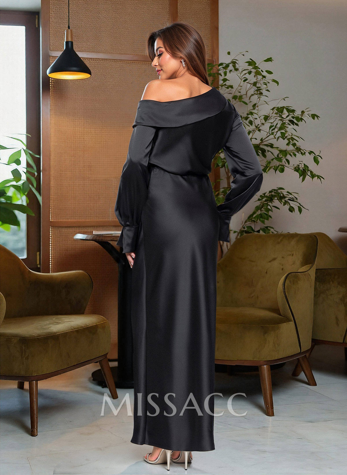 A-Line Asymmetrical Long Sleeves Floor-Length Mother Of The Bride Dresses With Cascading Ruffles/High Split