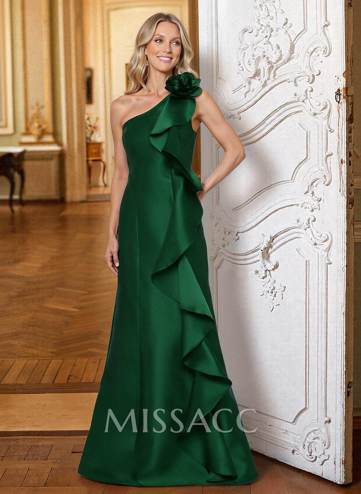 Sheath/Column One-Shoulder Floor-Length Satin Mother Of The Bride Dresses With Cascading Ruffles/Flower(s) Sheath/Column One-Shoulder Floor-Length Satin Mother Of The Bride Dresses With Cascading Ruffles/Flower(s)