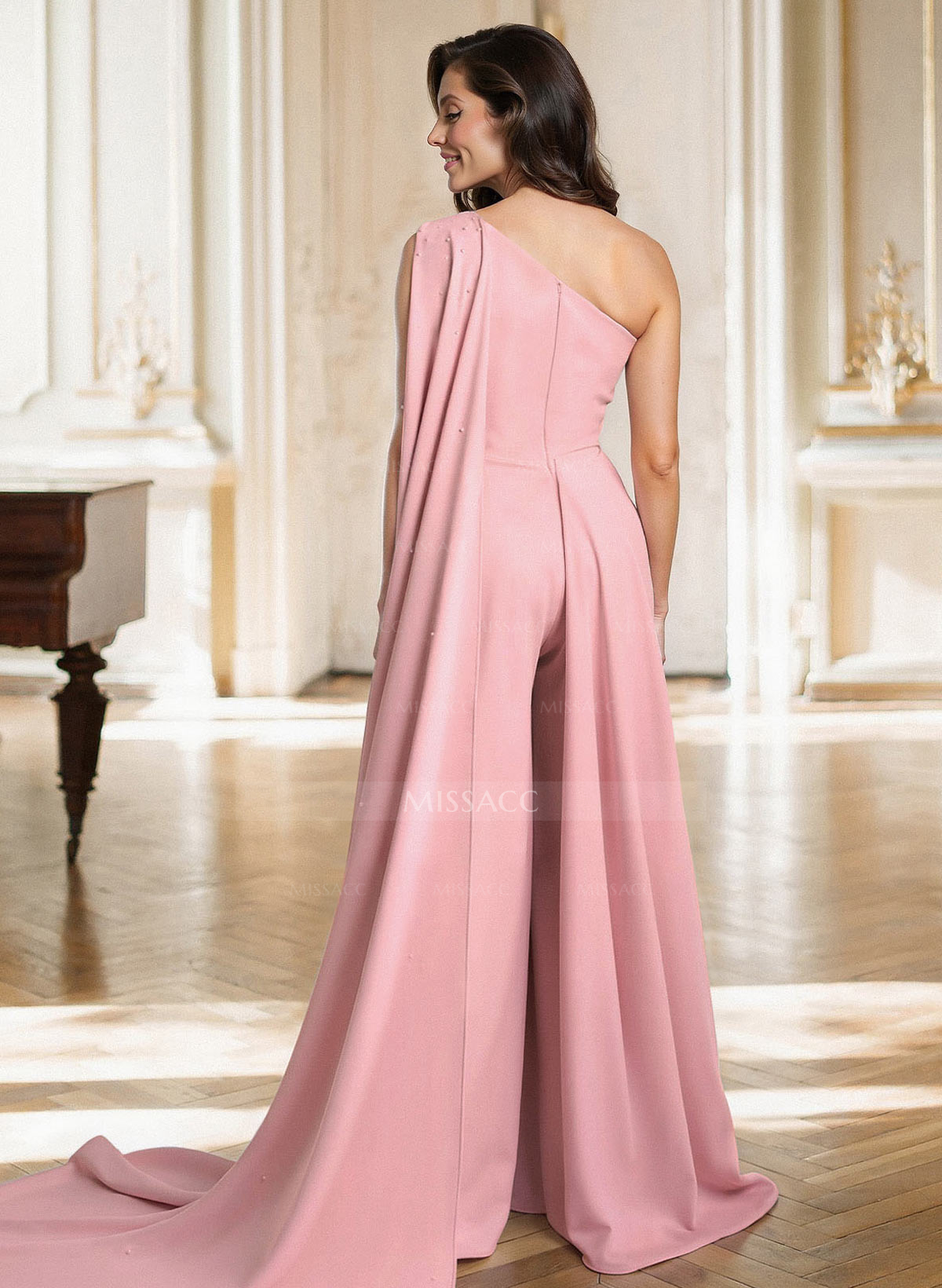 Jumpsuit/Pantsuit One-Shoulder Sweep Train Elastic Satin Mother Of The Bride Dresses With Sweeping Side Drape