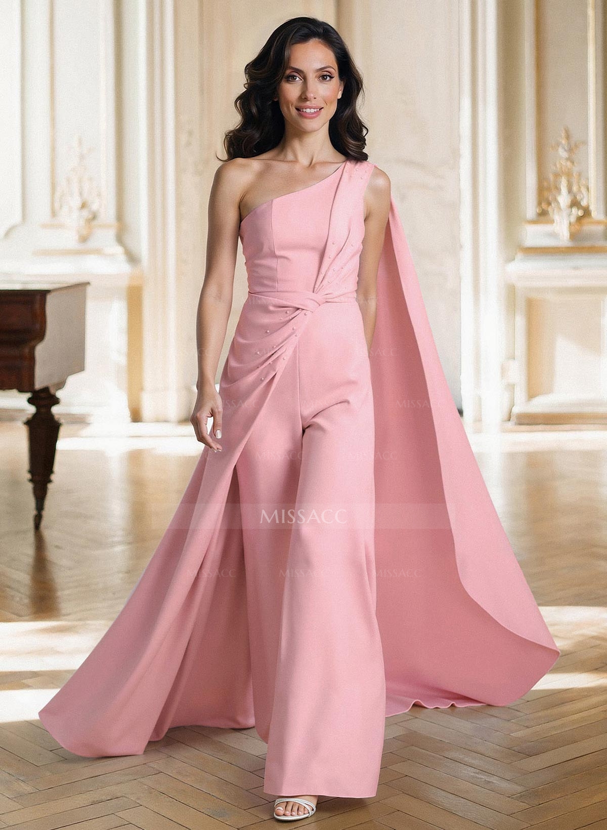 Jumpsuit/Pantsuit One-Shoulder Sweep Train Elastic Satin Mother Of The Bride Dresses With Sweeping Side Drape