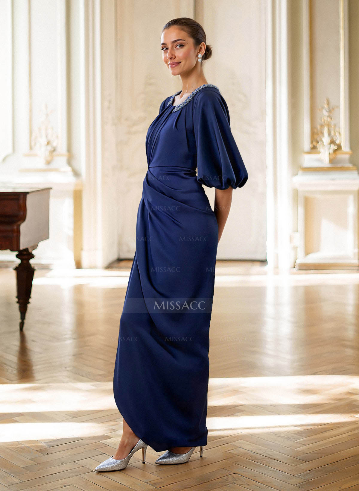 Sheath/Column Scoop Neck 1/2 Sleeves Floor-Length Crepe Satin Mother Of The Bride Dresses