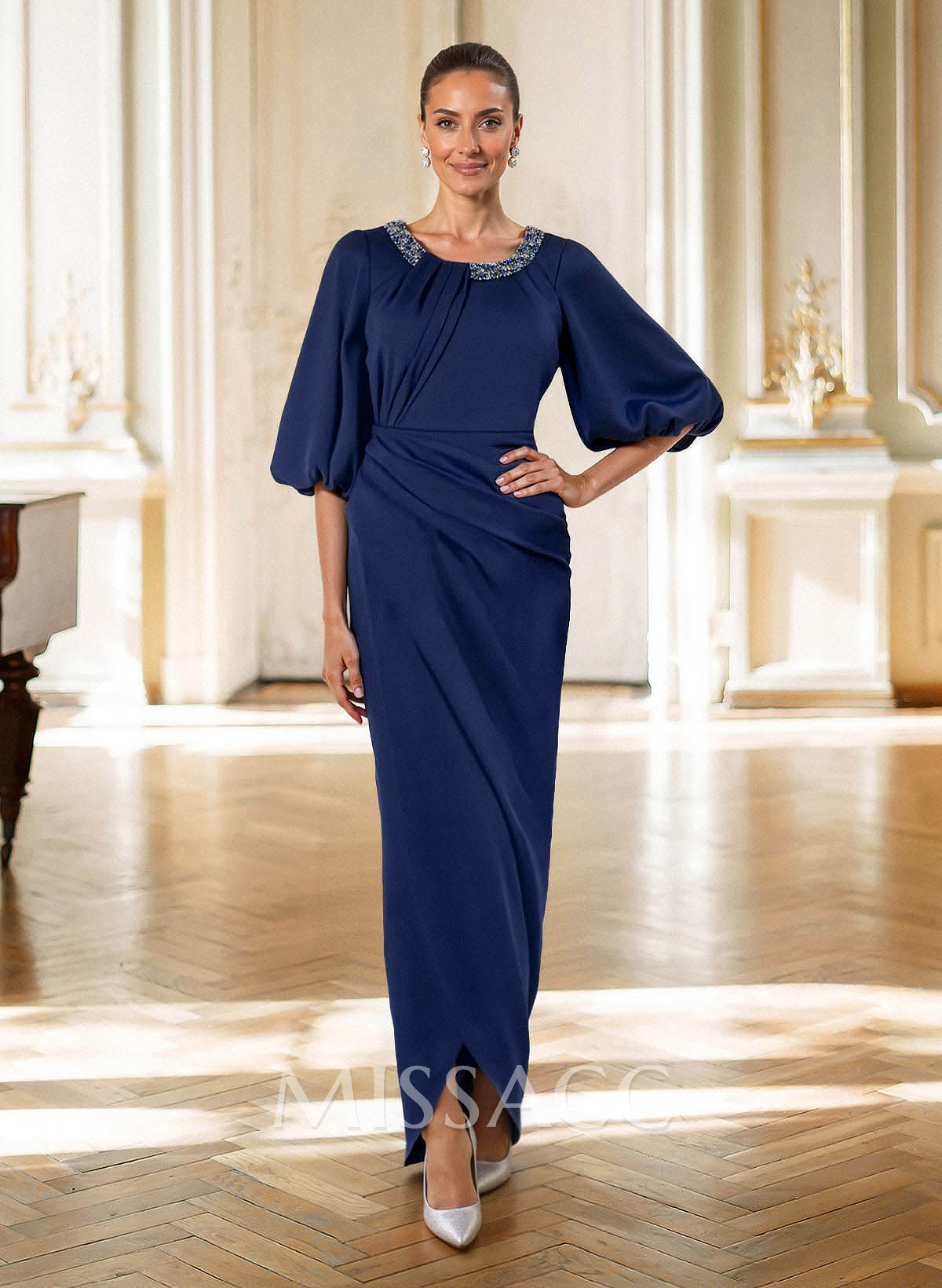 Sheath/Column Scoop Neck 1/2 Sleeves Floor-Length Crepe Satin Mother Of The Bride Dresses