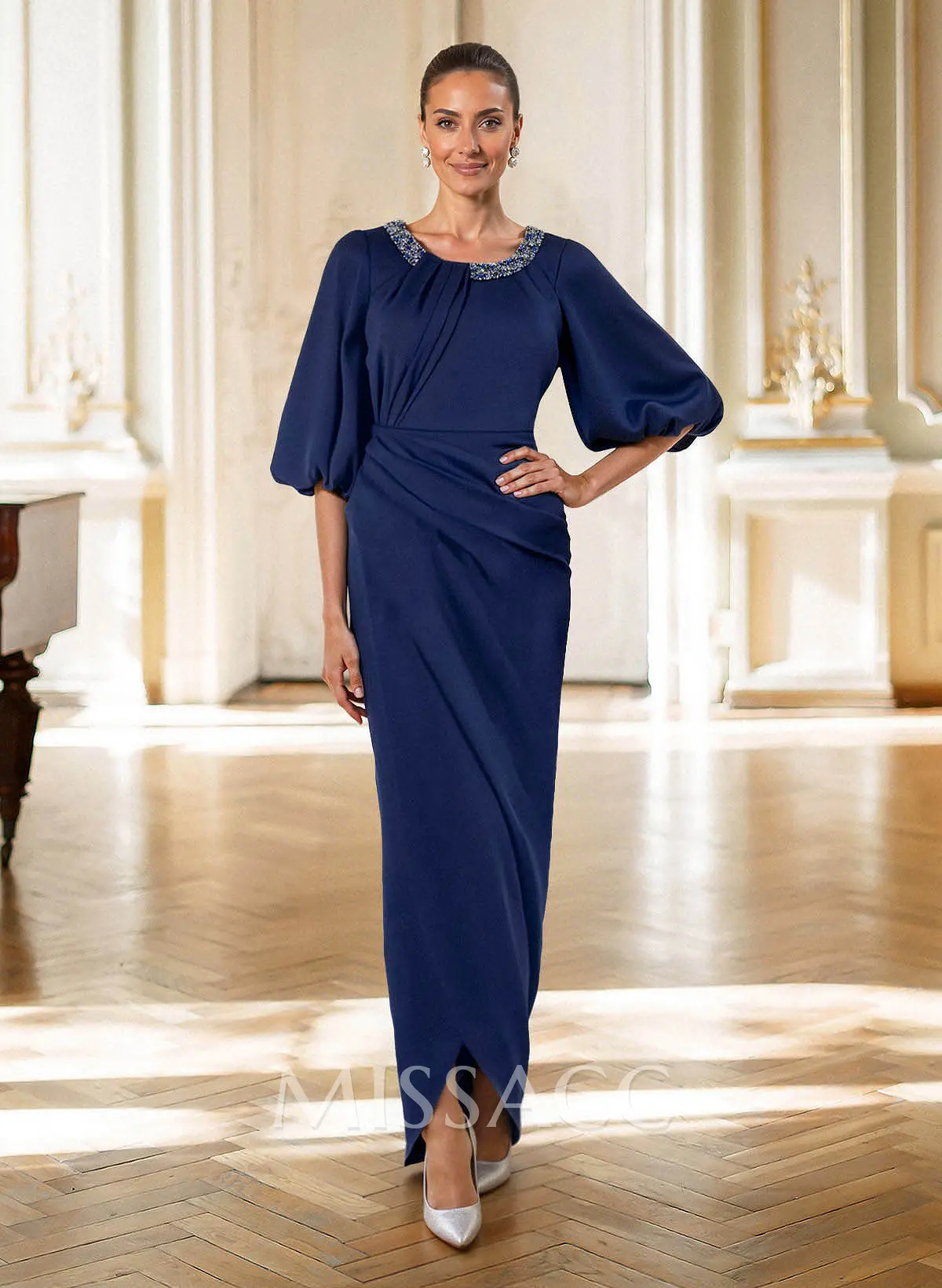 Sheath/Column Scoop Neck 1/2 Sleeves Floor-Length Crepe Satin