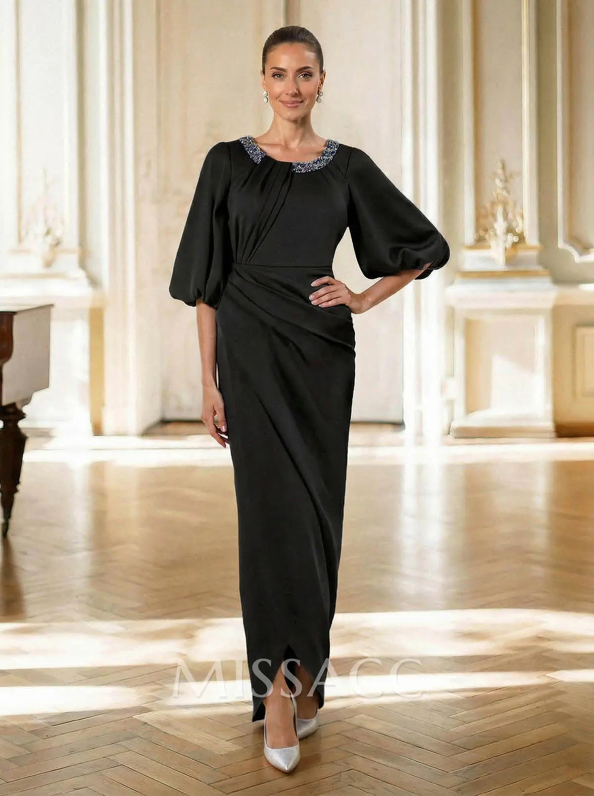 Sheath/Column Scoop Neck 1/2 Sleeves Floor-Length Crepe Satin