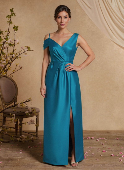 A-Line Asymmetrical Sleeveless Floor-Length Satin Mother Of The Bride Dresses With Pleated