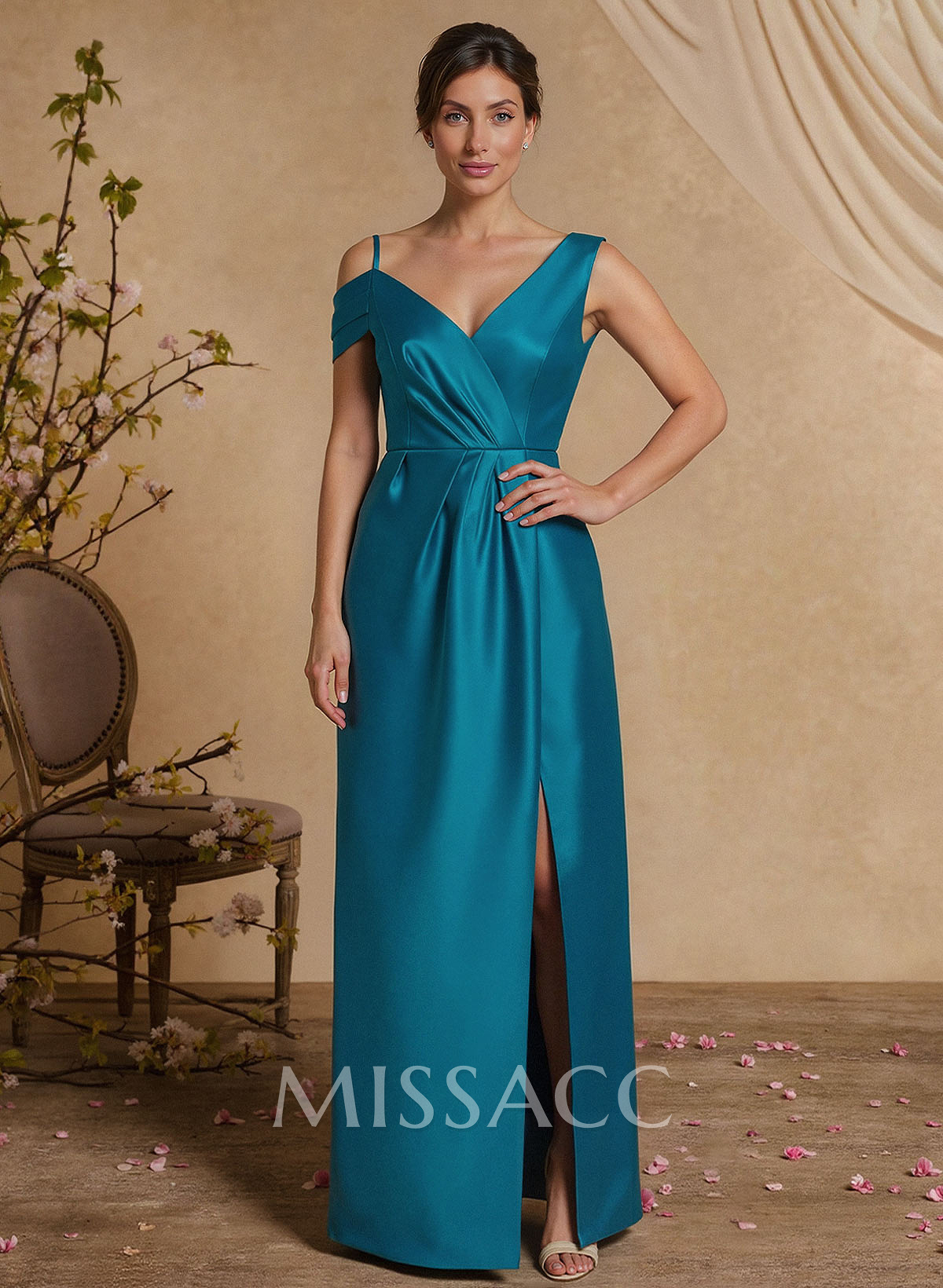 A-Line Asymmetrical Sleeveless Floor-Length Satin Mother Of The Bride Dresses With Pleated