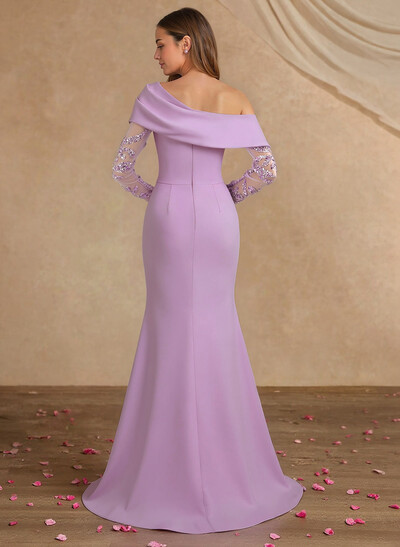Sheath/Column Long Sleeves Sweep Train Elastic Satin Mother Of The Bride Dresses With Lace/High Split