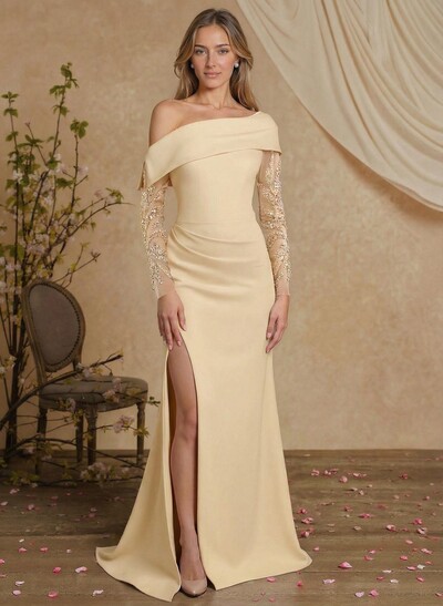 Sheath/Column Long Sleeves Sweep Train Elastic Satin Mother Of The Bride Dresses With Lace/High Split