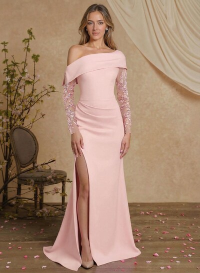 Sheath/Column Long Sleeves Sweep Train Elastic Satin Mother Of The Bride Dresses With Lace/High Split