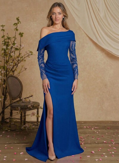 Sheath/Column Long Sleeves Sweep Train Elastic Satin Mother Of The Bride Dresses With Lace/High Split