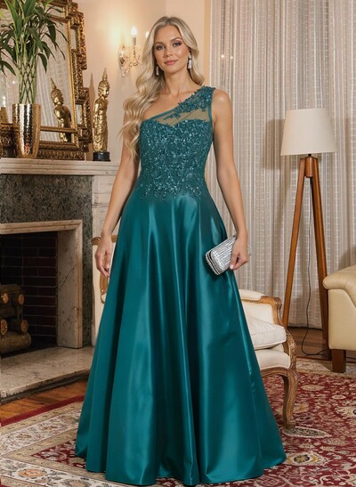 A-Line One-Shoulder Sleeveless Floor-Length Satin Mother Of The Bride Dresses With Lace