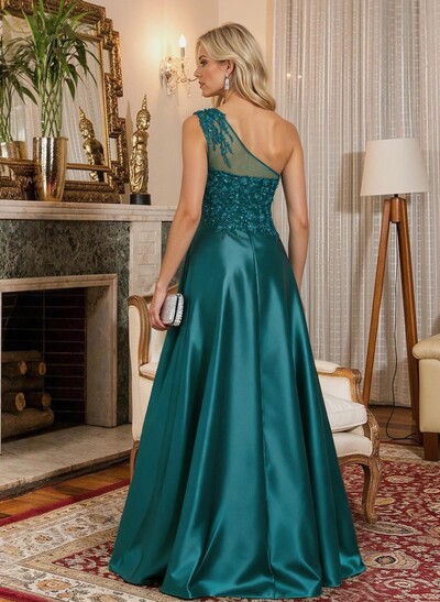 A-Line One-Shoulder Sleeveless Floor-Length Satin Mother Of The Bride Dresses With Lace