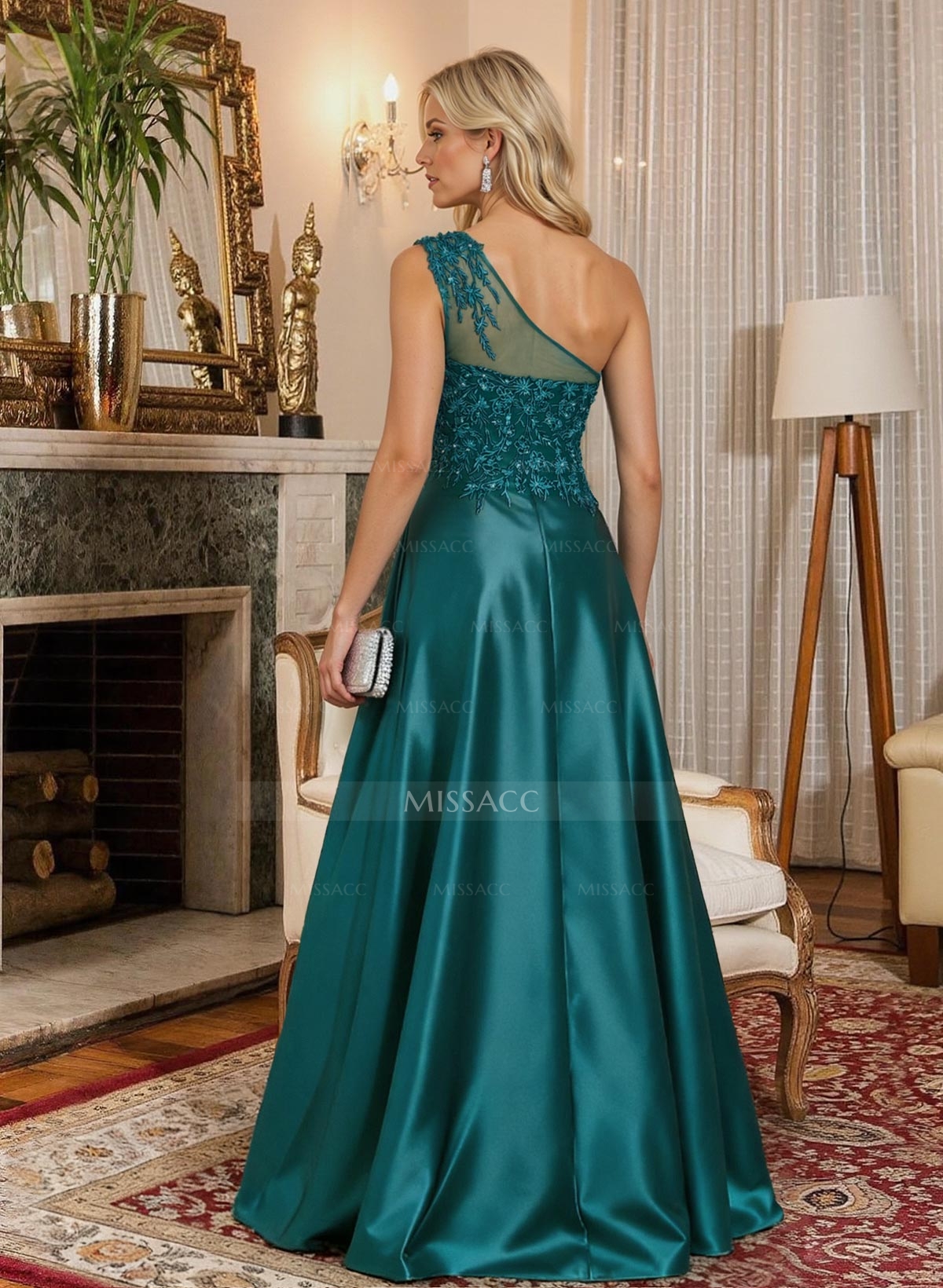 A-Line One-Shoulder Sleeveless Floor-Length Satin Mother Of The Bride Dresses With Lace