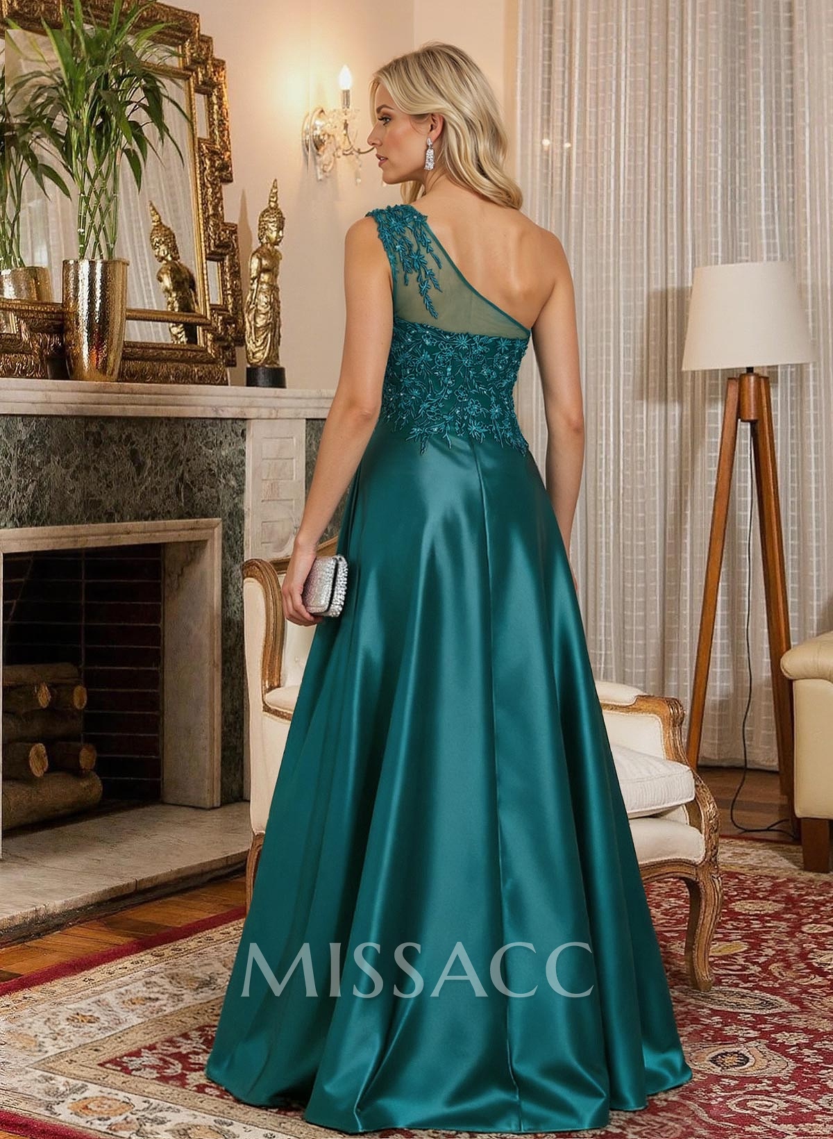 A-Line One-Shoulder Sleeveless Floor-Length Satin Mother Of The Bride Dresses With Lace