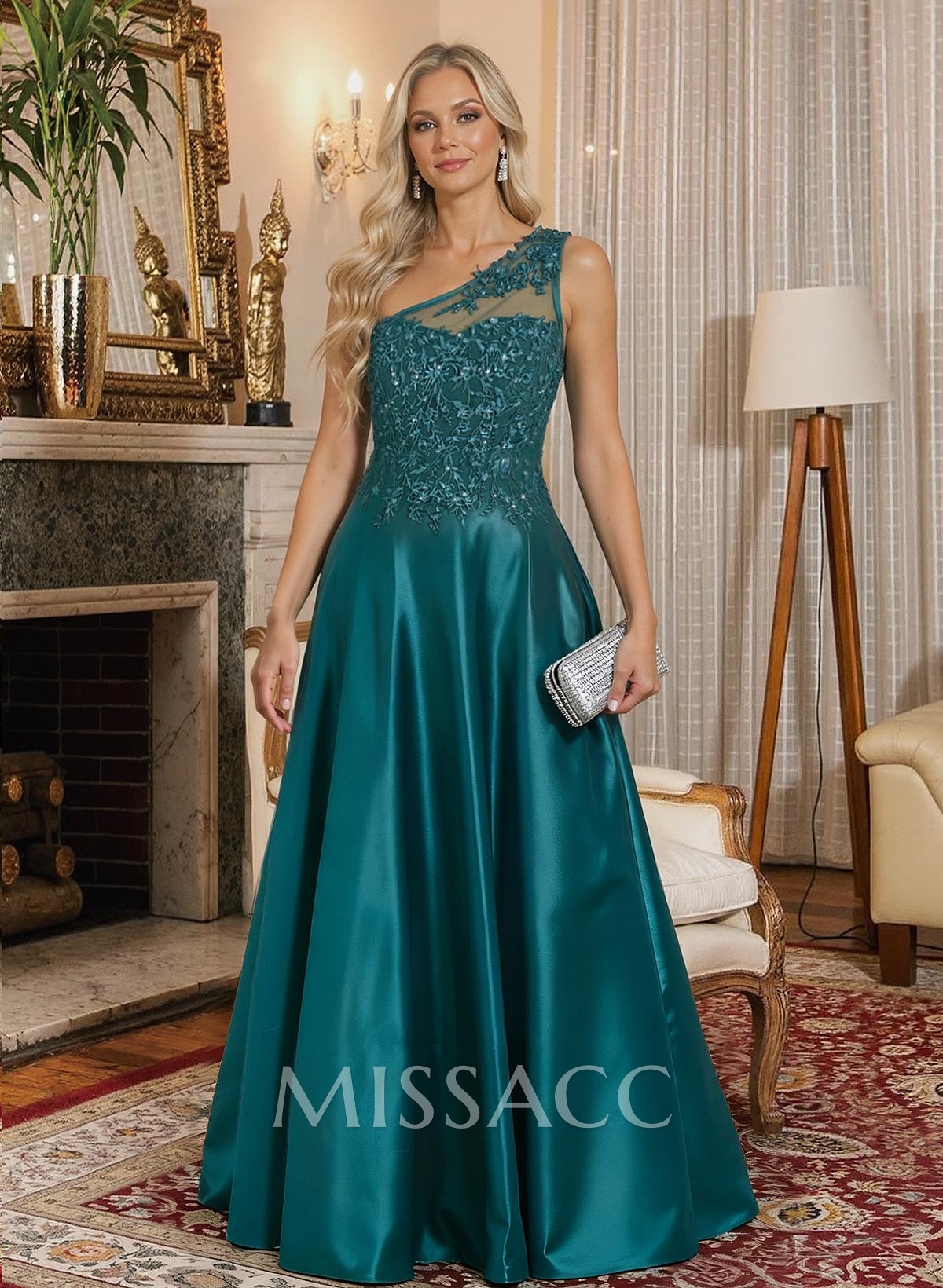 A-Line One-Shoulder Sleeveless Floor-Length Satin Mother Of The Bride Dresses With Lace