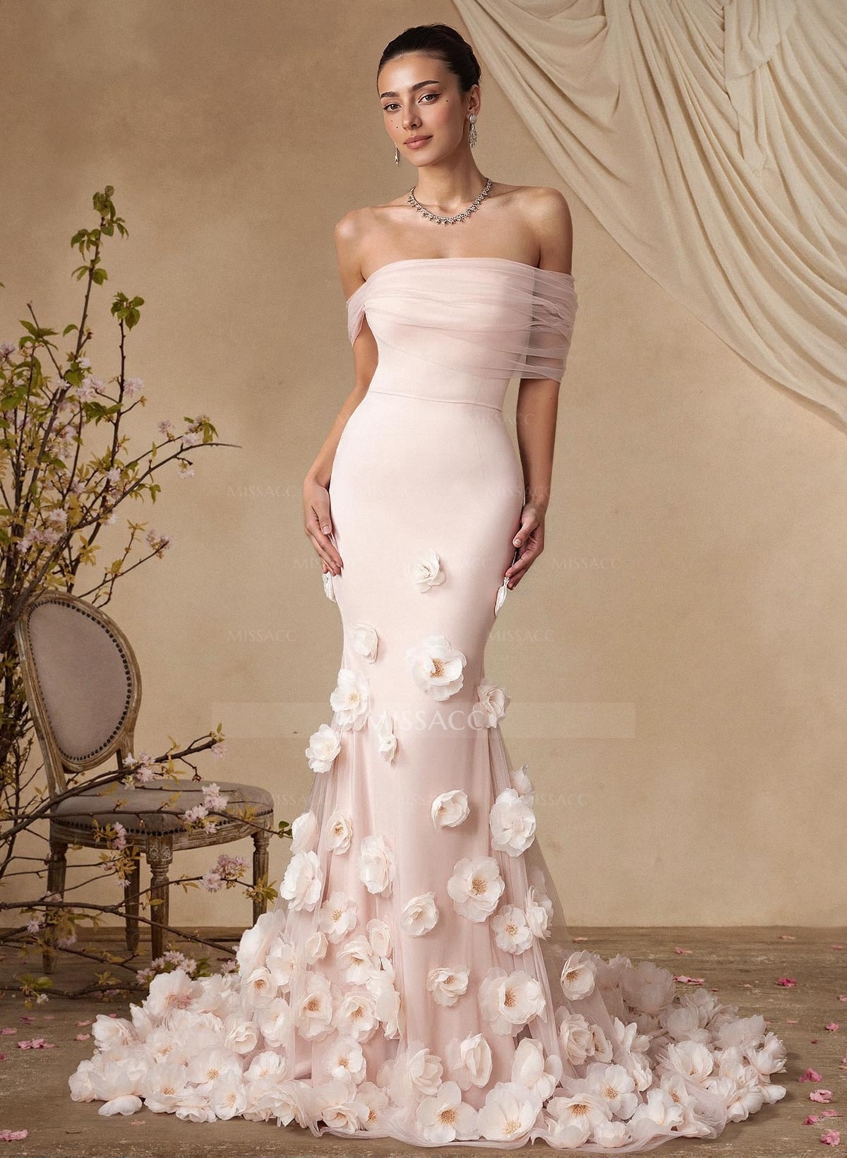 Trumpet/Mermaid Off-The-Shoulder Sleeveless Sweep Train Mother Of The Bride Dresses With Flower(s)