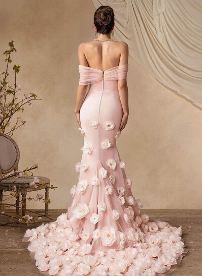 Trumpet/Mermaid Off-The-Shoulder Sleeveless Sweep Train Mother Of The Bride Dresses With Flower(s)