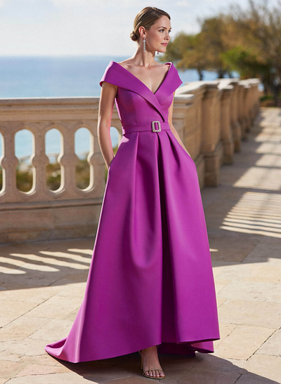 A-Line Off-The-Shoulder Sleeveless Sweep Train Satin Mother Of The Bride Dresses