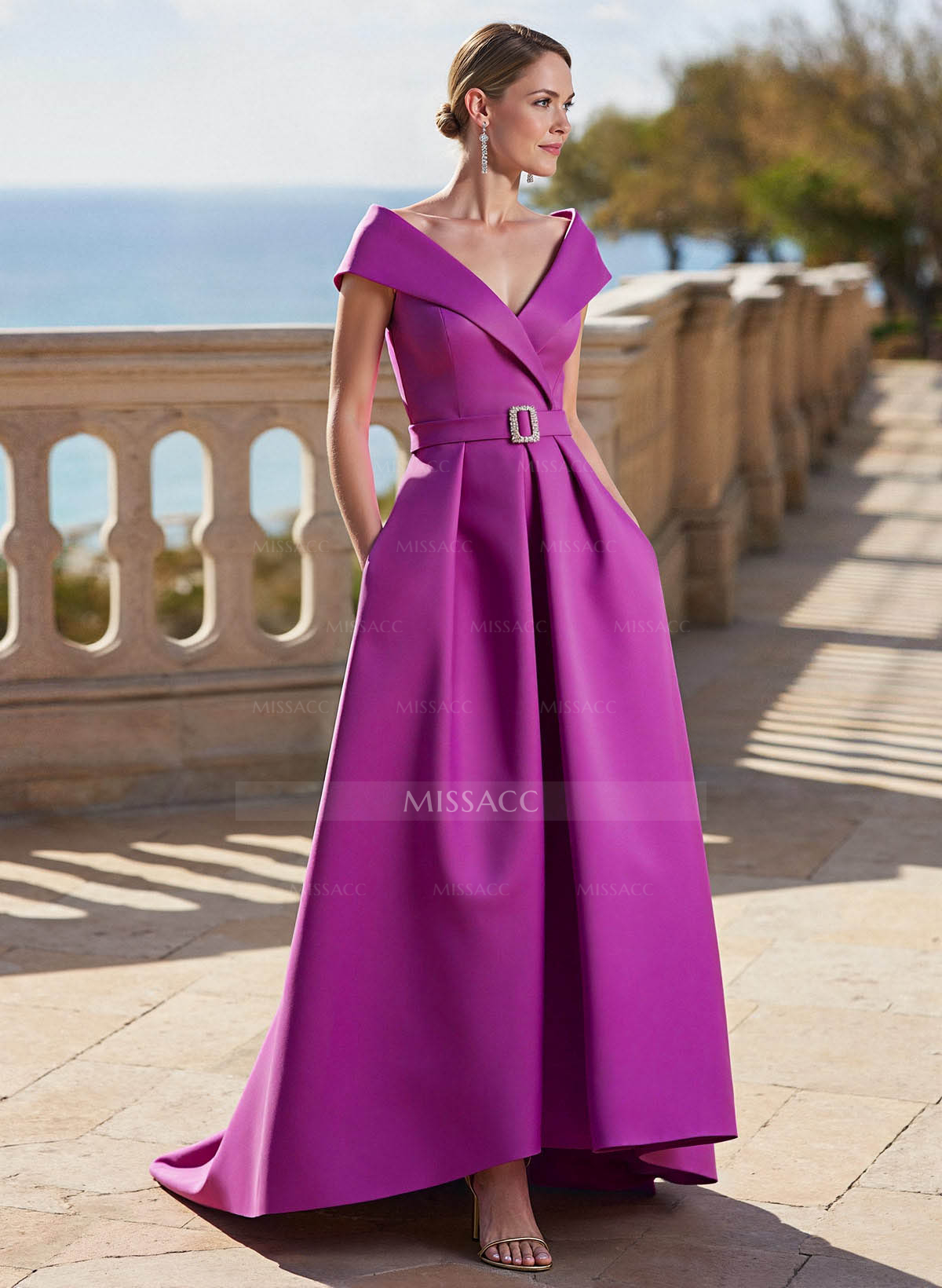 A-Line Off-The-Shoulder Sleeveless Sweep Train Satin Mother Of The Bride Dresses