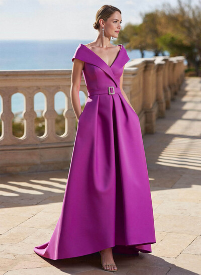 A-Line Off-The-Shoulder Sleeveless Sweep Train Satin Mother Of The Bride Dresses