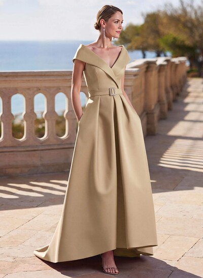A-Line Off-The-Shoulder Sleeveless Sweep Train Satin Mother Of The Bride Dresses