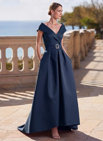 A-Line Off-The-Shoulder Sleeveless Sweep Train Satin Mother Of The Bride Dresses
