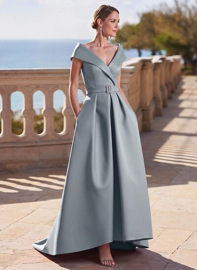 A-Line Off-The-Shoulder Sleeveless Sweep Train Satin Mother Of The Bride Dresses