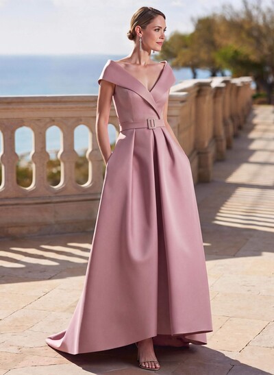 A-Line Off-The-Shoulder Sleeveless Satin Mother Of The Bride Dresses With Sweep Train