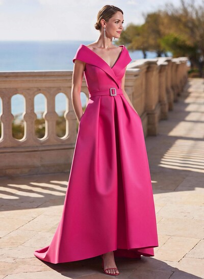 A-Line Off-The-Shoulder Sleeveless Satin Mother Of The Bride Dresses With Sweep Train