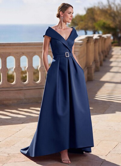 A-Line Off-The-Shoulder Sleeveless Sweep Train Satin Mother Of The Bride Dresses