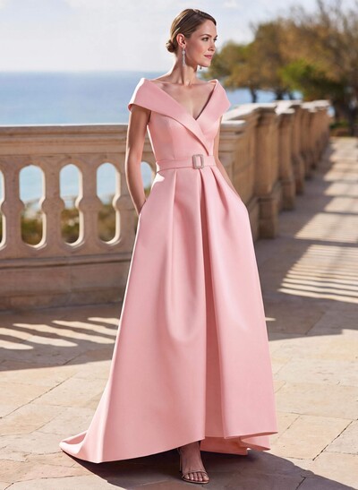 A-Line Off-The-Shoulder Sleeveless Sweep Train Satin Mother Of The Bride Dresses