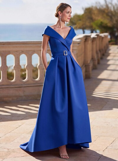 A-Line Off-The-Shoulder Sleeveless Sweep Train Satin Mother Of The Bride Dresses
