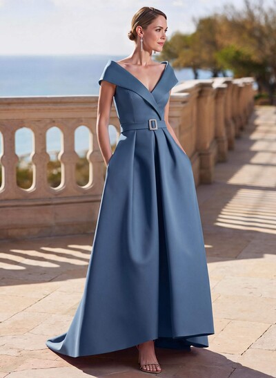 A-Line Off-The-Shoulder Sleeveless Satin Mother Of The Bride Dresses With Sweep Train