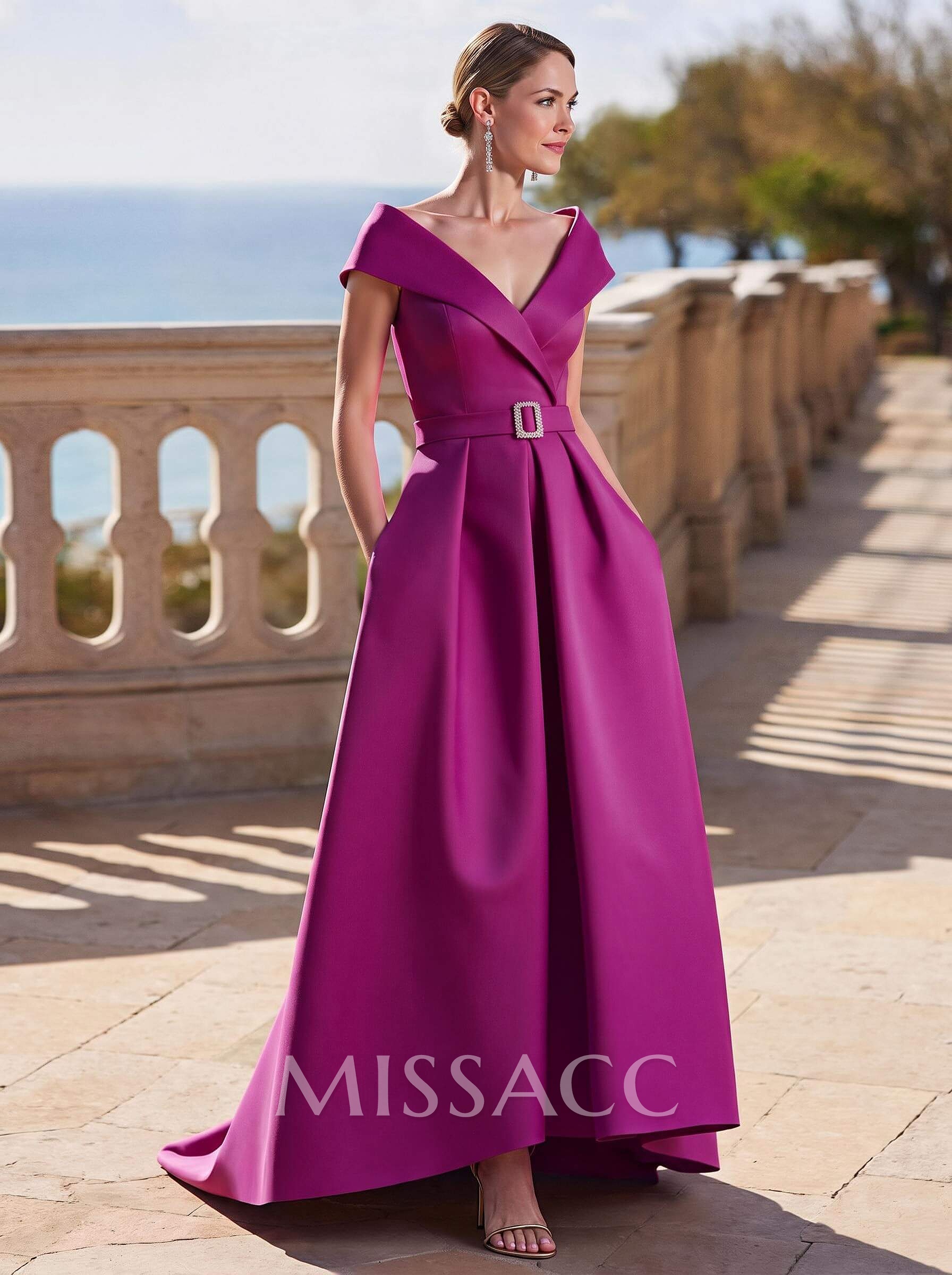 A-Line Off-The-Shoulder Sleeveless Sweep Train Satin Mother Of The Bride Dresses