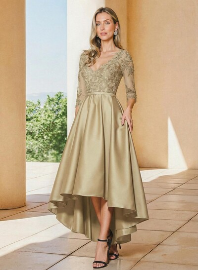 A-Line V-Neck 3/4 Sleeves Asymmetrical Lace Mother Of The Bride Dresses