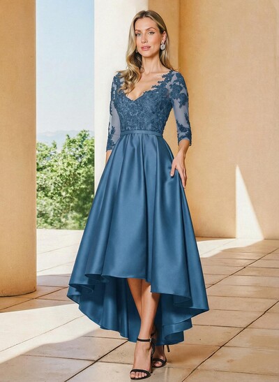 A-Line V-Neck 3/4 Sleeves Asymmetrical Lace Mother Of The Bride Dresses