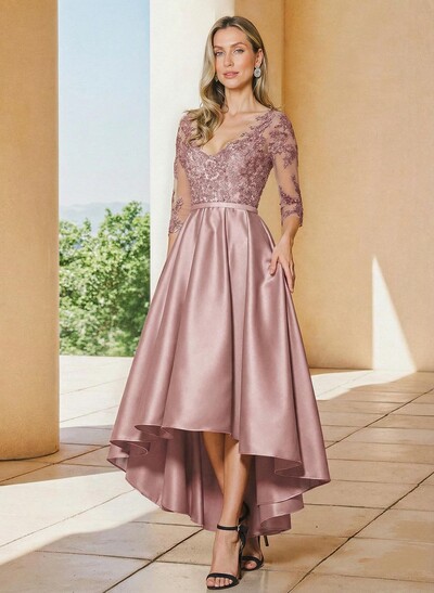 A-Line V-Neck 3/4 Sleeves Asymmetrical Lace Mother Of The Bride Dresses