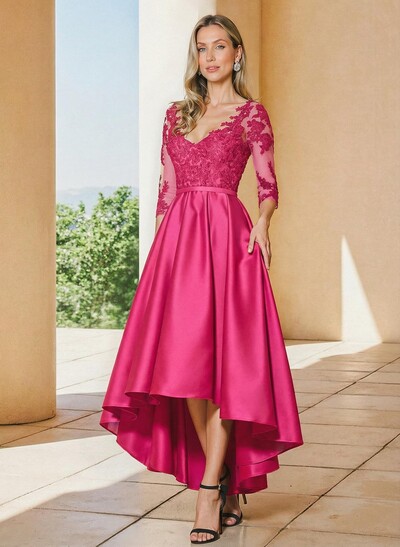 A-Line V-Neck 3/4 Sleeves Asymmetrical Lace Mother Of The Bride Dresses