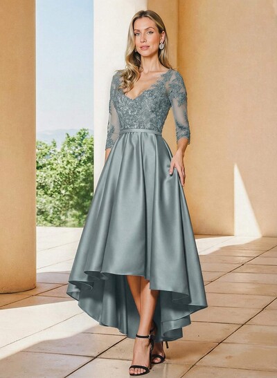 A-Line V-Neck 3/4 Sleeves Asymmetrical Lace Mother Of The Bride Dresses