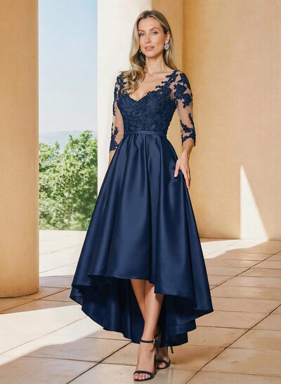 A-Line V-Neck 3/4 Sleeves Asymmetrical Lace Mother Of The Bride Dresses
